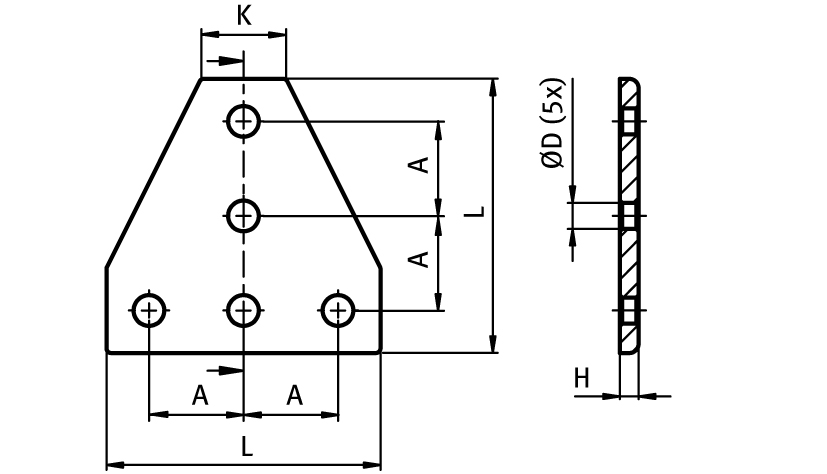 Connection Plate AL T 5 Hole, 1 Slot Version
