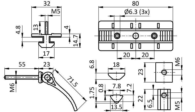 Profile Slider ZN 40 x 80 Loose Bearing with Cam Lever (Set)