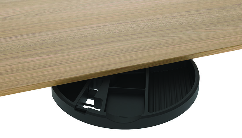 Pivoting Under-table Storage Tray