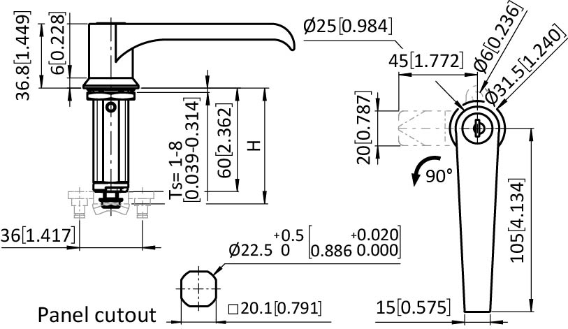 L-handle Quarter Turn Lock 22.5 / 60
