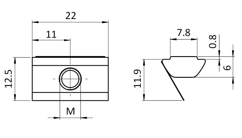 Ecrou basculant 12,5 x 6,0 mm avec languette ressort
