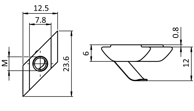 Rhombus-Nutenstein 12,5 x 6,0 mm mit Federblech – technische Zeichnung