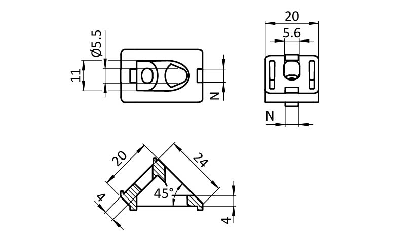 Angle Connector 20, 45°