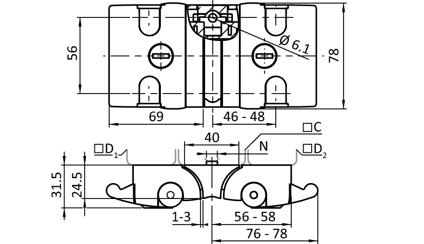 Twin Slam Latch COMPACT – technical drawing