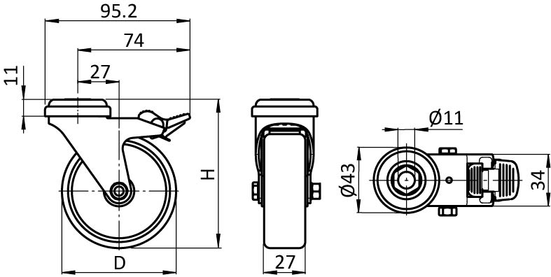 Roulette pivotante Ø75 verrouillable – plan technique